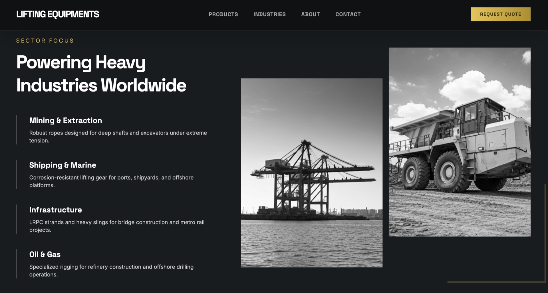 Lifting Equipments sector-focus page — Powering Heavy Industries Worldwide, with black-and-white photography of a port crane and a haul truck